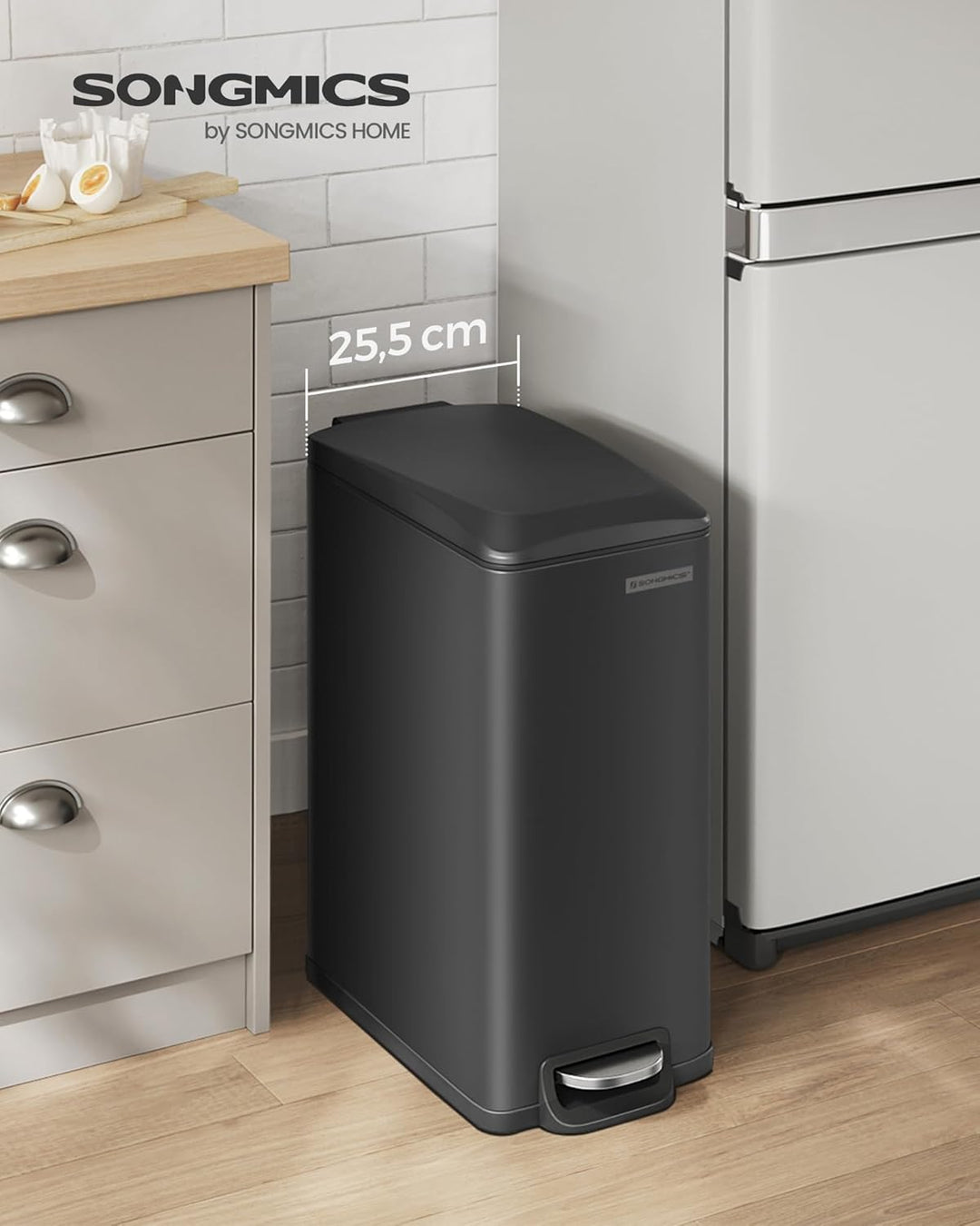 SONGMICS Mülleimer Küche, 48 Liter, schmal, Abfalleimer, Tretmülleimer für enge Räume, Küchenmülleim