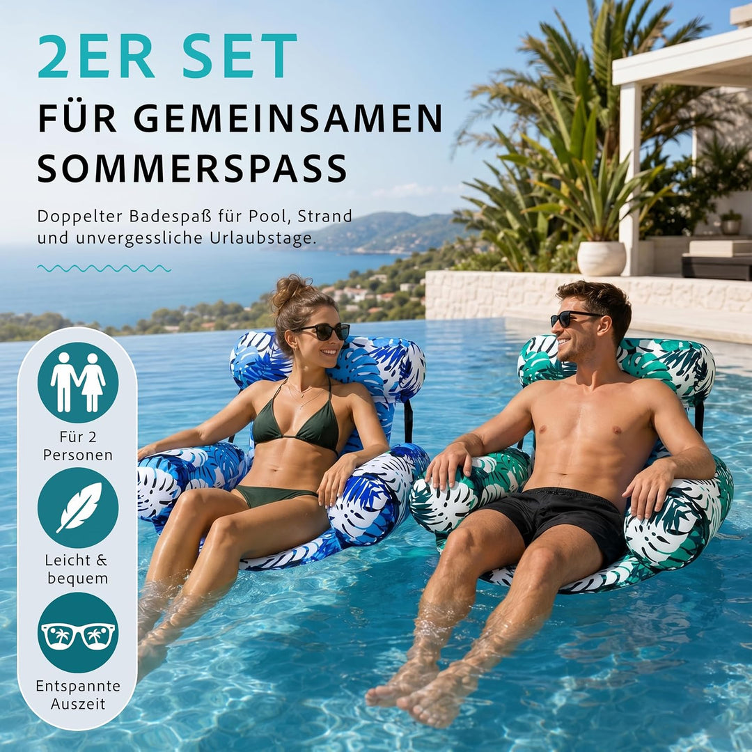 Wasserhängematte Pool Erwachsene 2er Set Aufblasbarer Schwimmsessel mit Stoffbezug Rückenlehne Handp