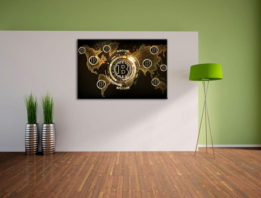 Pixxprint Weltkarte des Bitcoin BTC als Leinwandbild | Grösse: 120x80 cm | Wandbild | Kunstdruck | f