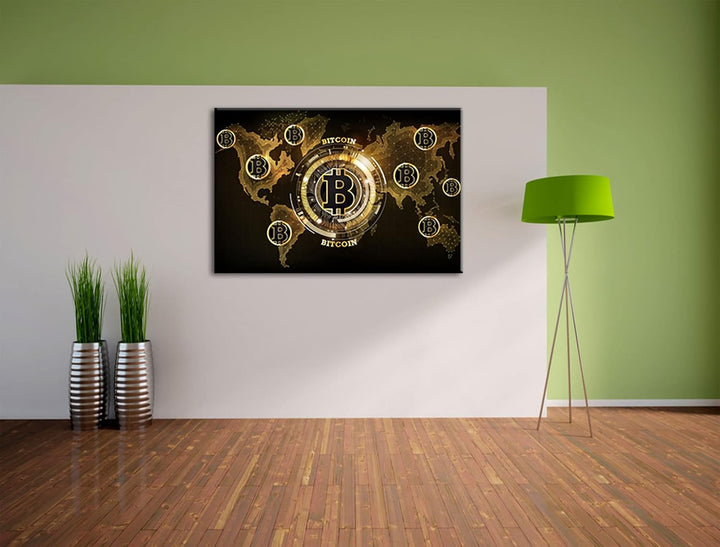 Pixxprint Weltkarte des Bitcoin BTC als Leinwandbild | Grösse: 120x80 cm | Wandbild | Kunstdruck | f