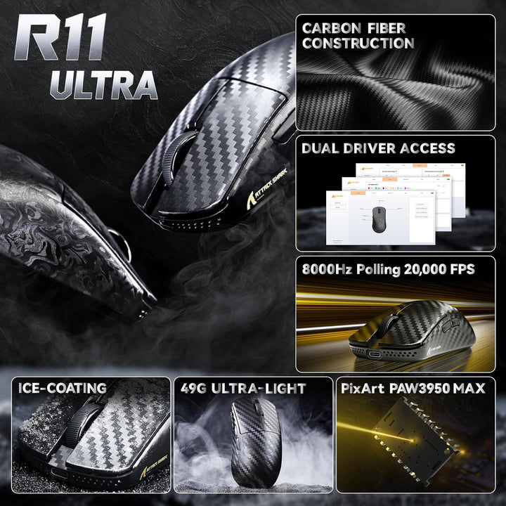 ATTACK SHARK R11 Ultra Carbonfaser 8000Hz Kabellose Gaming-Maus, 49g Superlight, 42000 DPI, 20000 FP