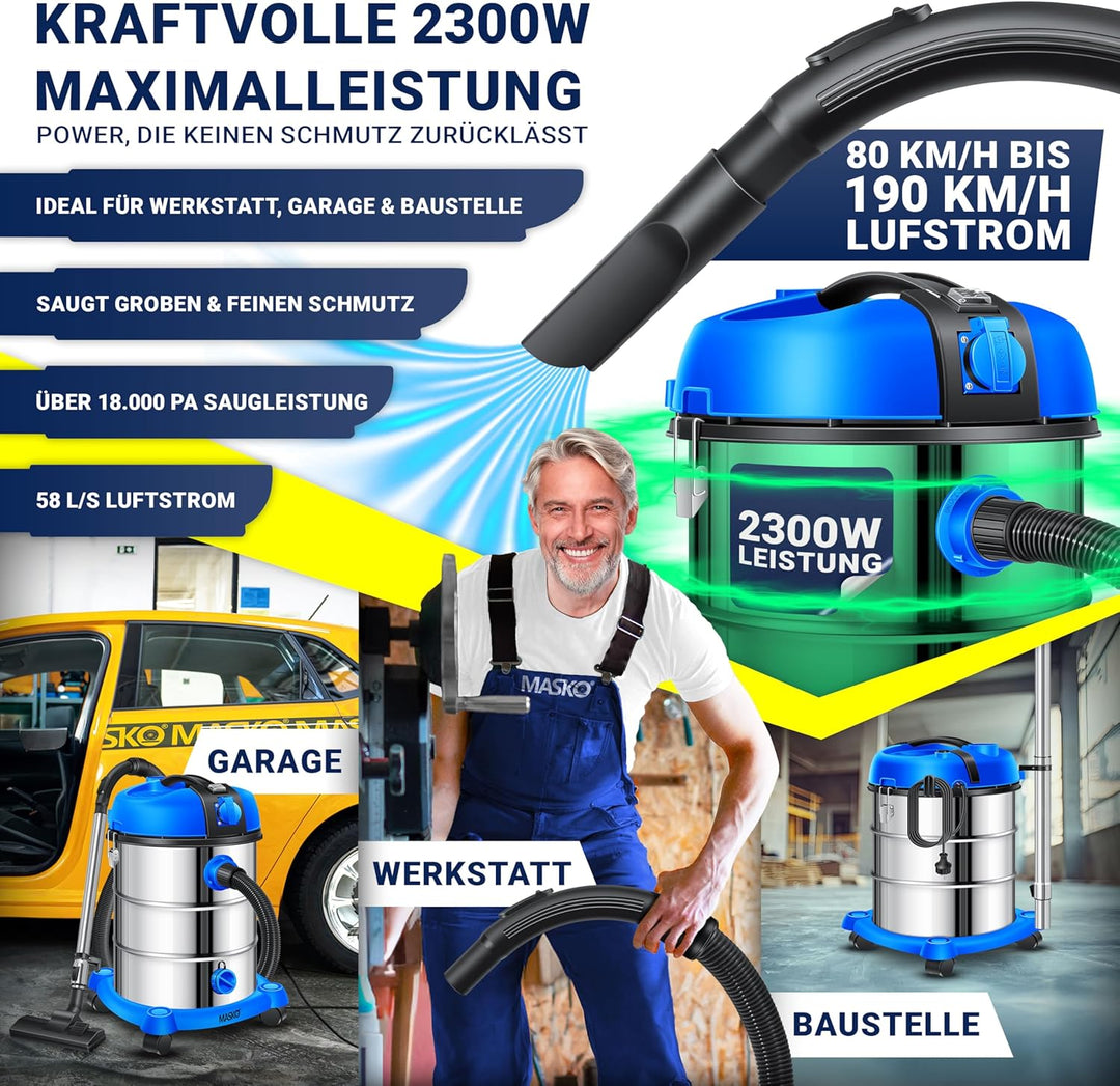 MASKO® Industriestaubsauger Staubsauger Nass Trocken Sauger Edelstahl 2300W + Steckdose | Blasfunkti