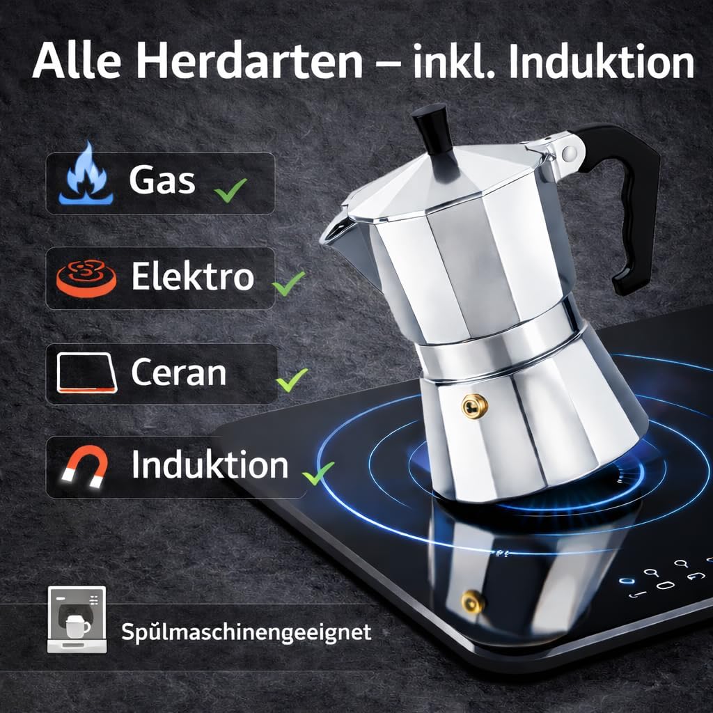 Espressokocher Induktionsgeeignet aus Aluminium – Mokkakanne für alle Herdarten – Zubereitung nach i