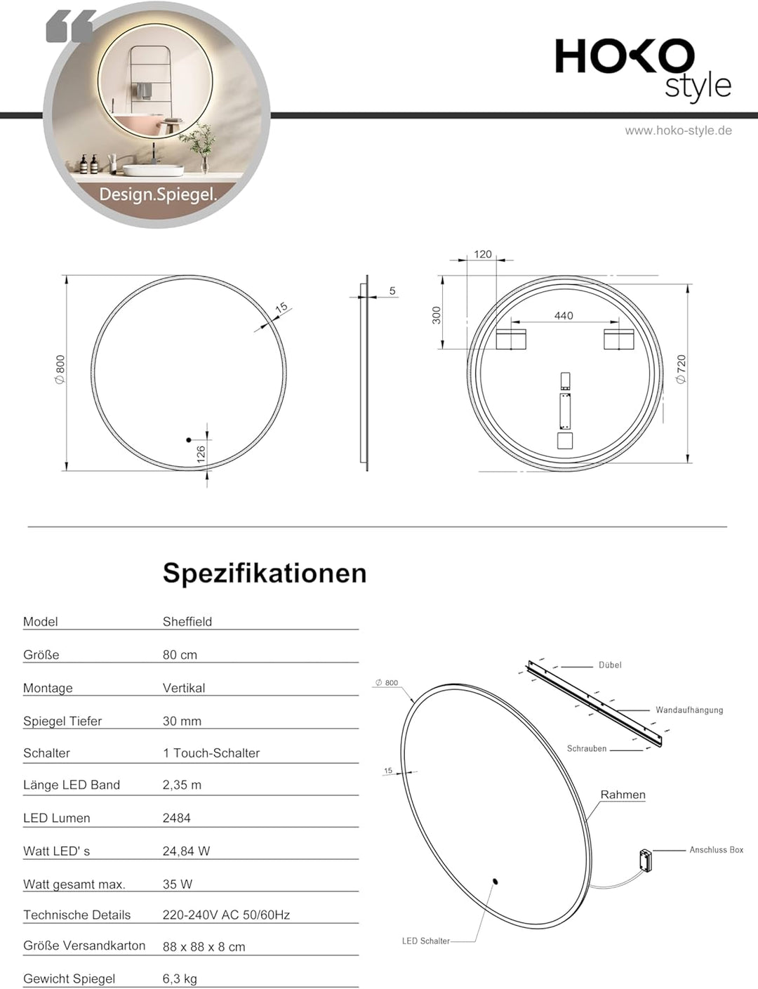HOKO Design Badspiegel rund 80 cm Amsterdam mit Energiesparend LED Beleuchtung und Metall Rahmen Sch