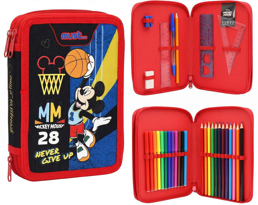 Disney Mickey Mouse Doppel-Federmäppchen mit 2 Fächern, gefüllt mit Schreibwaren für Kinder | Schuls