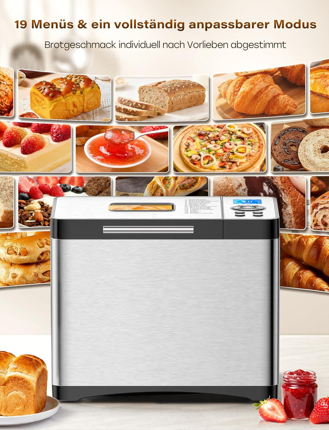 Brotbackautomat 1kg Edelstahl mit Keramikpfanne, 19 Automatischer Programme inkl. individuell progra