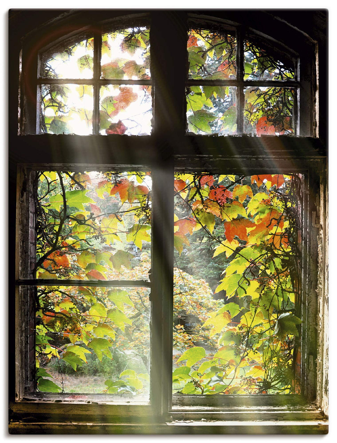 Artland Leinwandbild Wandbild Bild auf Leinwand 60x80 cm Wanddeko Fensterblick Fenster Herbst Natur