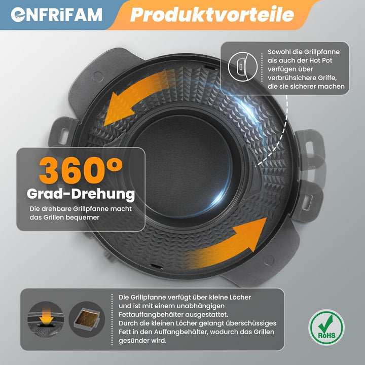 ENFRIFAM 2200W 2 in 1 Multifunktions Elektro Hot Pot und Grill Combo, rauchfreier Split Shabu Shabu