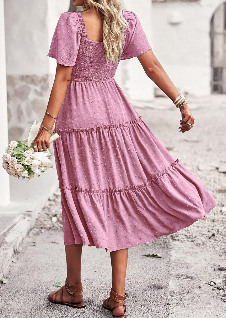 Damen Smocked Midi Kleid Kurzarm U-Ausschnitt Sommerkleid A-Linie Maxikleid Cocktail S Rosa Lila, S