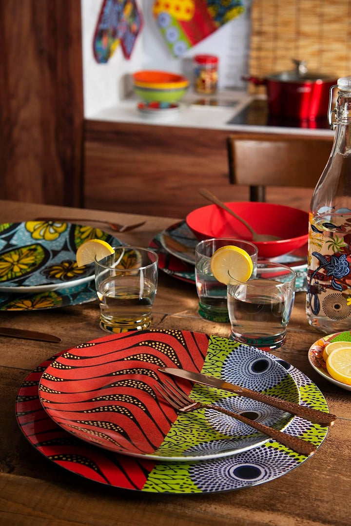 Excelsa Afrika Tellerservice 18 Stück, Porzellan und Keramik, mehrfarbig Single, Single