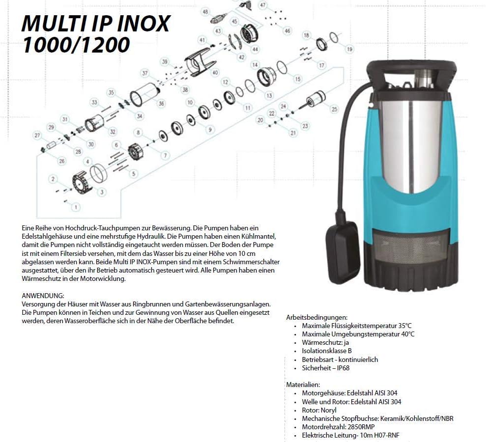MULTI INOX 1200W Wasserpumpe Edelstahl 6300 l/h Bewässerung Poolpumpe ++Hochdruck++