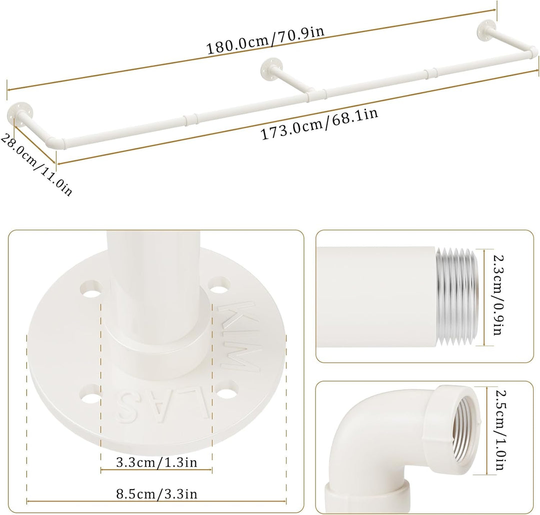 Yawinhe Industrierohr Kleiderstangen,180cm Kleiderständer für die Wand, Platzsparenders Wandregal Kü