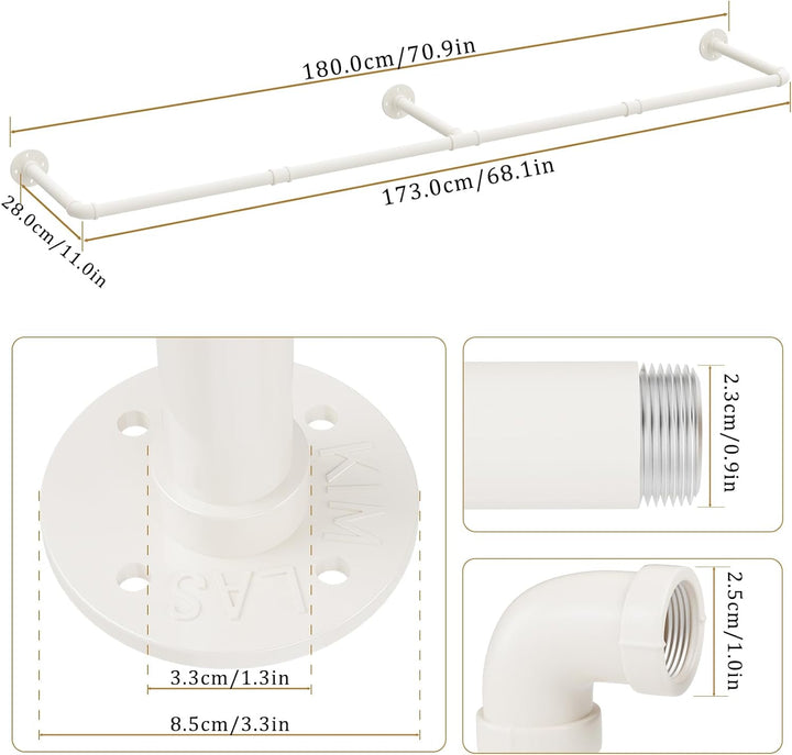 Yawinhe Industrierohr Kleiderstangen,180cm Kleiderständer für die Wand, Platzsparenders Wandregal Kü