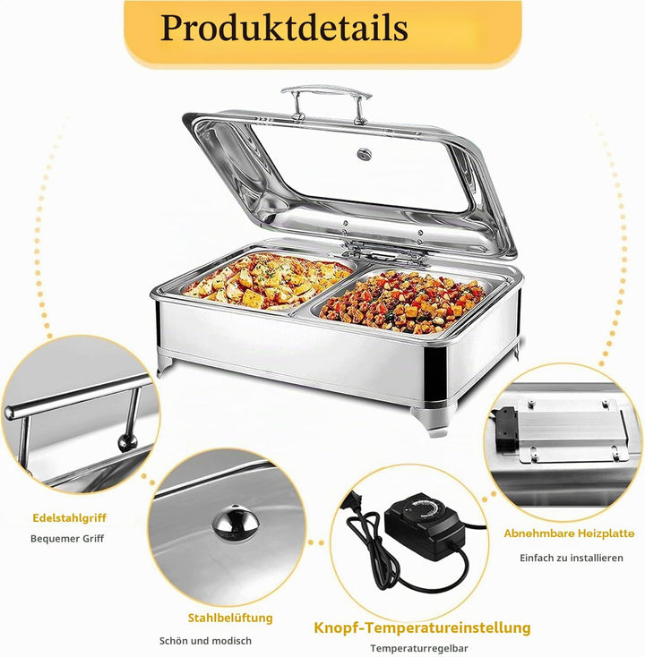Chafing Dish Elektrisch, 9L Edelstahl Speisewärmer Buffetwärmer mit Sichtbarem Glasdeckel, Einstellb