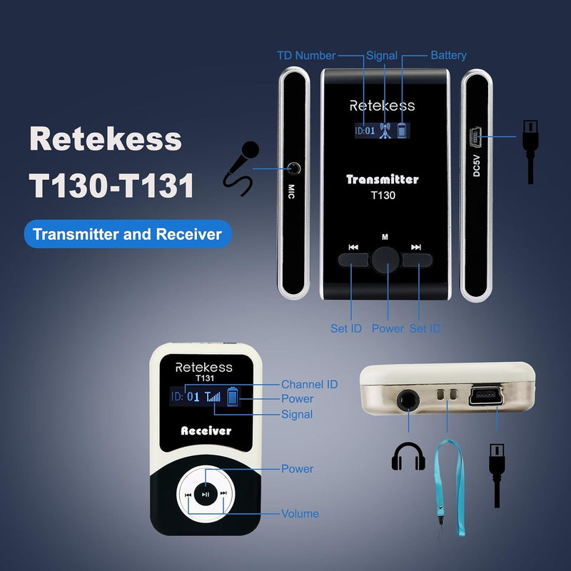 Retekess T130-T131 Audio Tour Guide System, 99 Kanäle Tour Guide System, 60M Reiseleitersystem, Audi