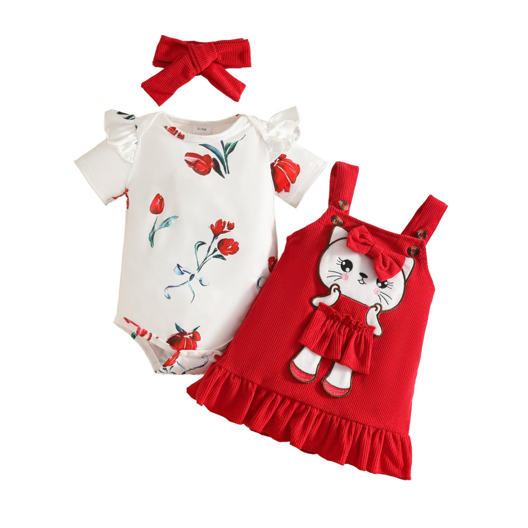 Baby Outfits für Mädchen mit Herz Print kurzärmelig Strampler Hosenträgerrock Bären Kleid Schleife S