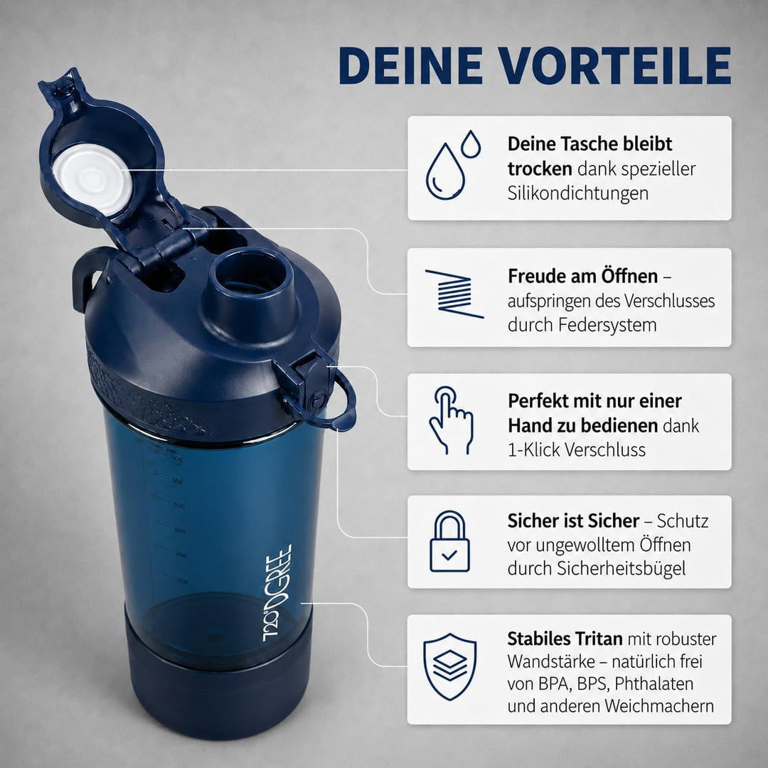 720°DGREE Protein Shaker mit Pulverfach 550ml “uberShaker“ – Auslaufsicher, BPA-Frei, Skala, Spiralm