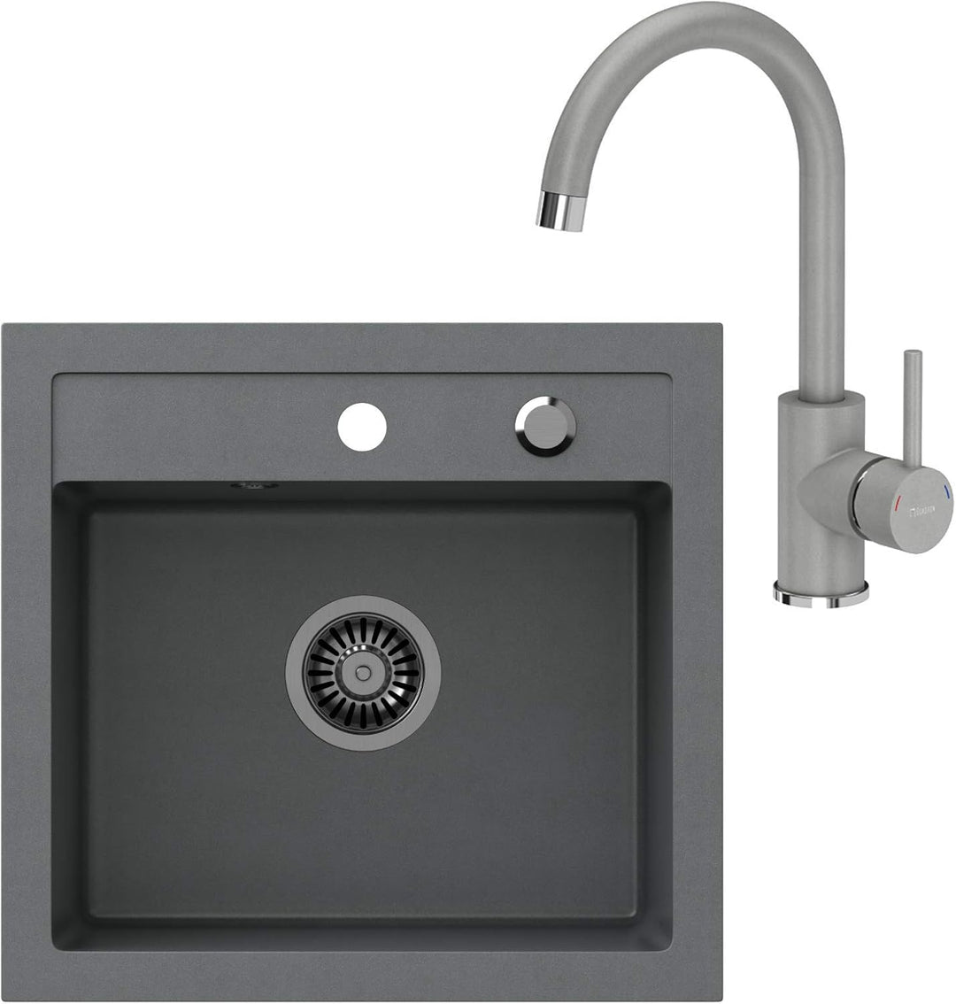 VBChome Spülbecken + Armatur 50 x 47 cm Grau Spüle Einzelbecken Küche Einbauspüle Verbundspüle Küche