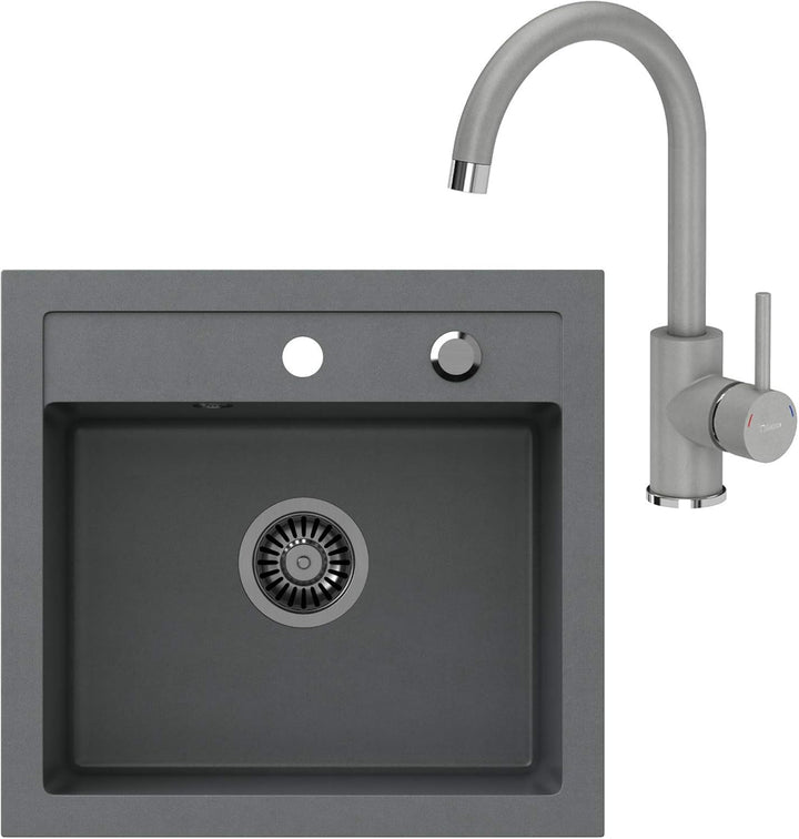 VBChome Spülbecken + Armatur 50 x 47 cm Grau Spüle Einzelbecken Küche Einbauspüle Verbundspüle Küche
