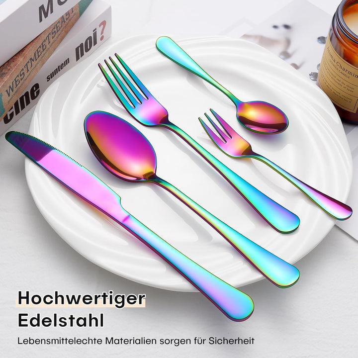 Besteck Set 6 Personen, 30 Teilig Regenbogen Besteckset mit Messer Gabel Löffel, Essbesteck Set Edel