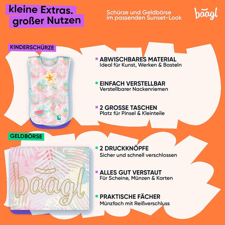 Baagl Airy Plus Schulranzen-Set 5-teilig, 25 l, ab 130 cm (Sunset) | Isoliertes Snackfach; Magnetver