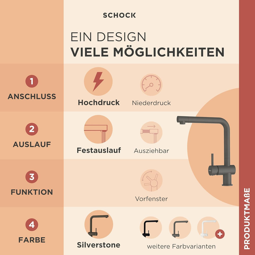 SCHOCK Küchenarmatur Epos Silverstone – graue hochdruck Armatur mit Festauslauf und Standard Norm-An
