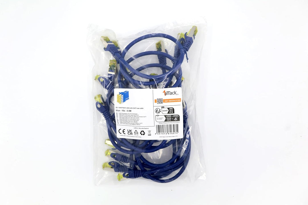 1aTTack.de Cat.7 Netzwerkkabel 0,5m Blau 10 Stück Cat7 Ethernetkabel Netzwerk LAN Kabel Rohkabel 10