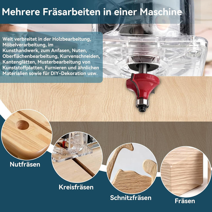 Kantenfräse, 1000W 30000 U/min Oberfräse Trimmer mit Staubabsaugung, 6 Gang Einhandfräse mit 15 Fräs