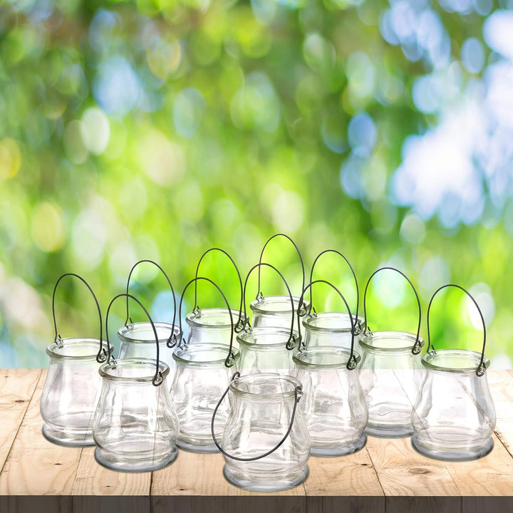 48 x Windlicht aus Glas, runde Glasvase mit Henkel, Tischdeko für Drinnen u. Draussen, Hängewindlich