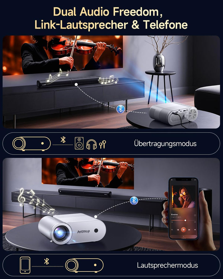 Mini Beamer 4K, Kleiner Projektor Bluetooth und WiFi für Handy, 1080P Beamer Heimkino iPhone/Android