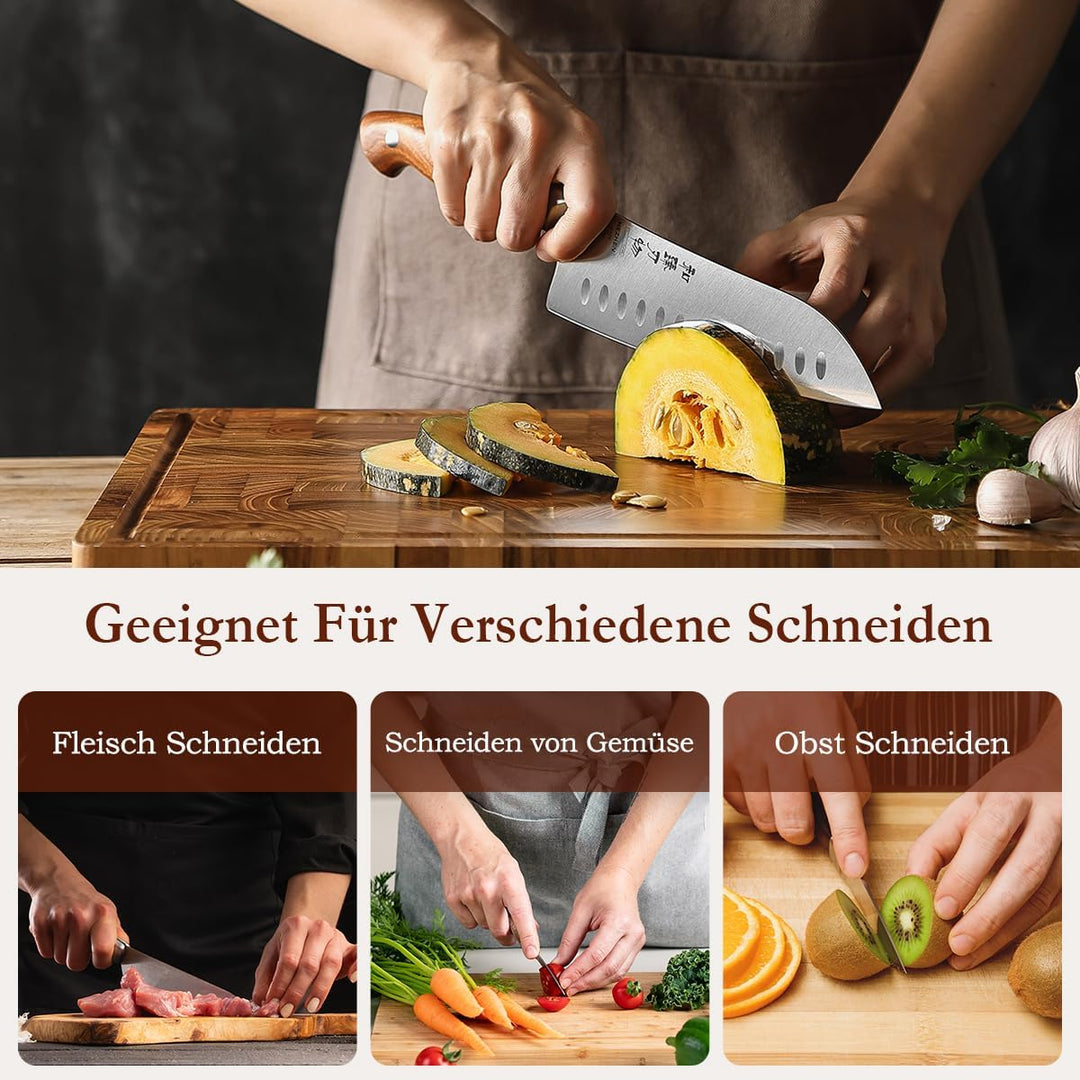 HEZHEN Rostfreier Stahl Santokumesser German 1.4116 Stahl Kochmesser, Geschmiedet Japanischer Stil G