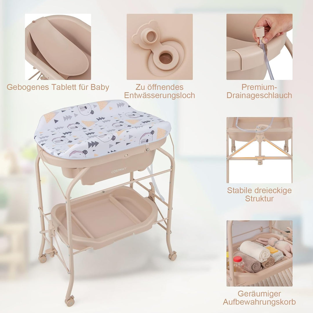 COSTWAY 4 in 1 Wickeltisch mit Badewanne, tragbare Wickelkommode mit PVC-Auflage & Abflussrohre, mob