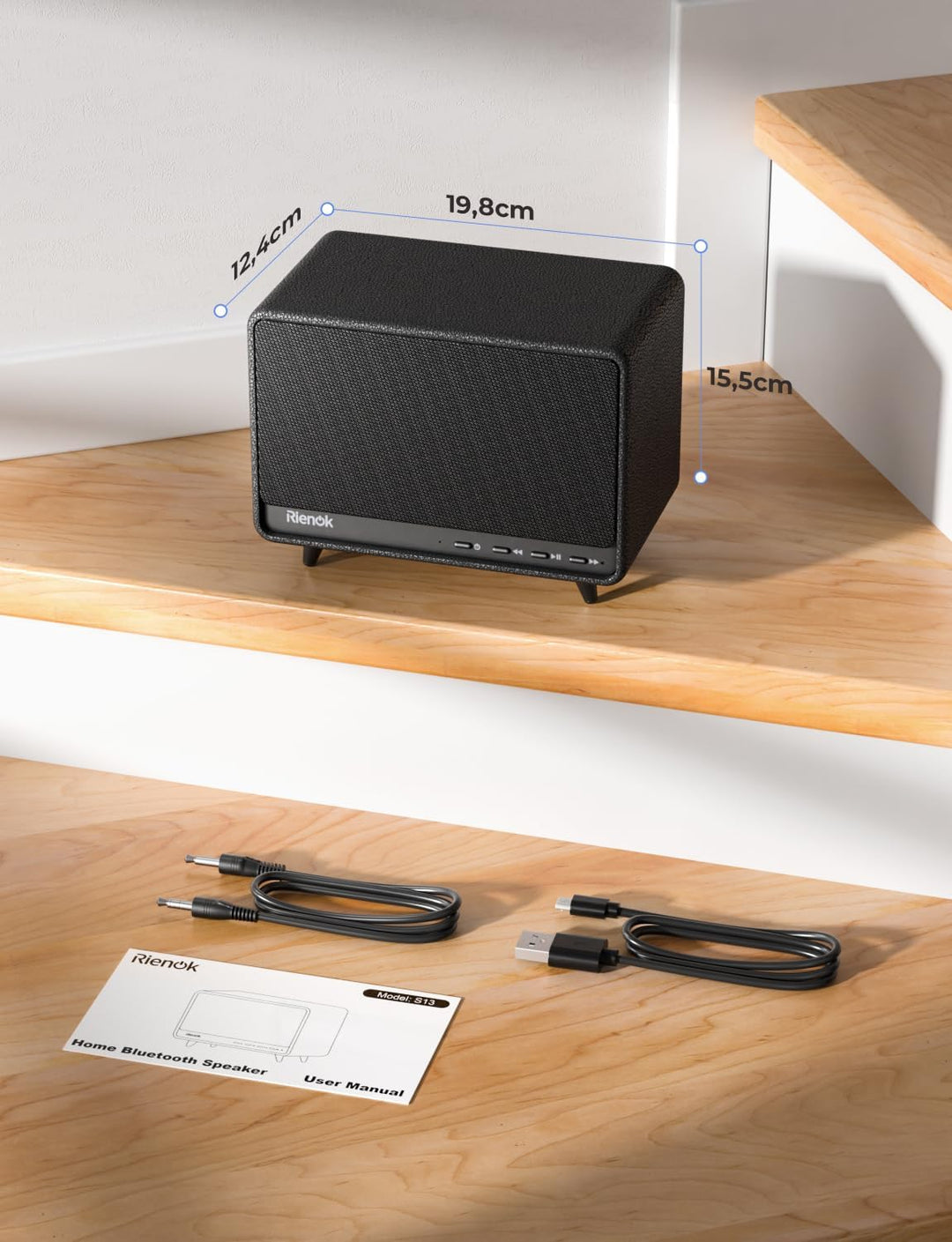 RIENOK Bluetooth Lautsprecher aus Holz, 40W Musikbox kabellos mit Holzgehäuse, 24 Std. Spielzeit kra
