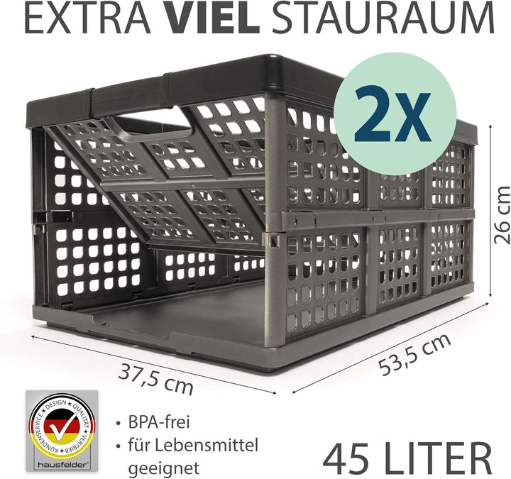 Hausfelder Klappbox 45 l, 2er Set – faltbare Klappkiste aus Kunststoff, stabiler Klappkorb für Einkä