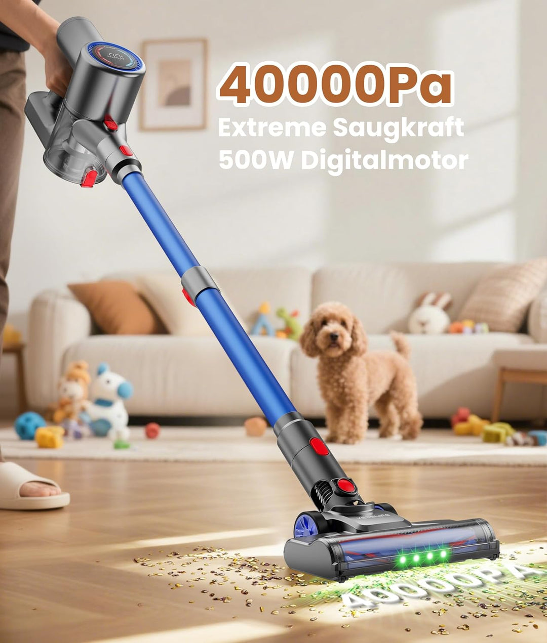VersLife Akku Staubsauger 500W/45 Min/40kPa, Staubsauger Kabellos Selbstladender mit Smart LED-Displ