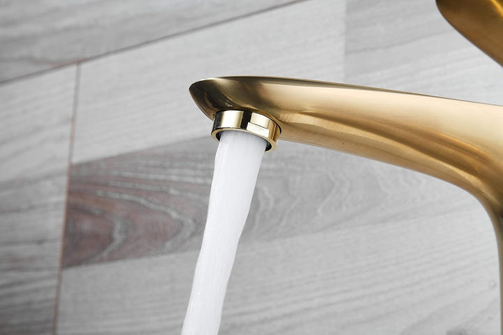 Wasserhahn Bad Gold gebürstet, Badarmatur Einhand-Waschtischbatterie mit Hoch Auslauf, Messing Gold