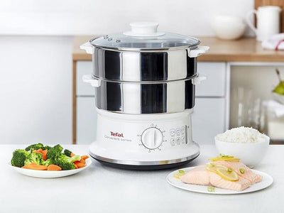 Tefal Dampfgarer VC1451 | 2 Edelstahlbehälter | 6L Fassungsvermögen | 24cm Durchmesser | Timer und a