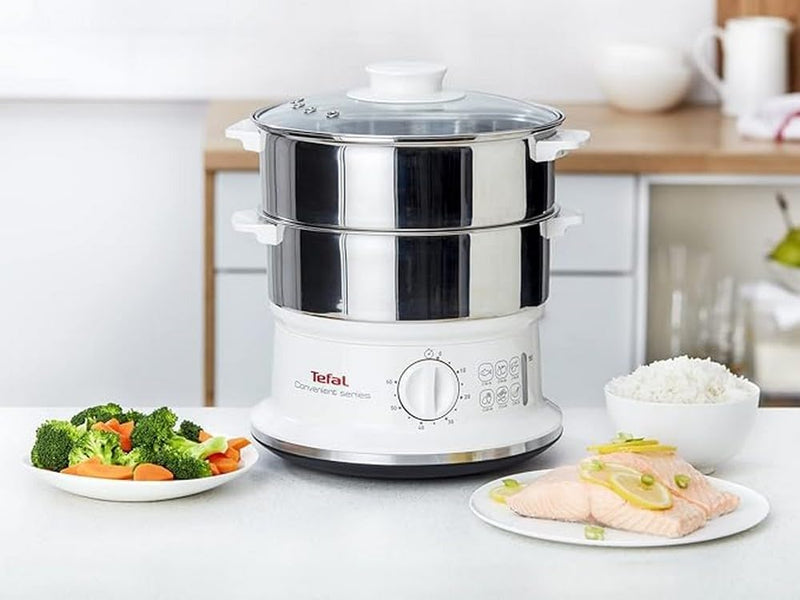 Tefal Dampfgarer VC1451 | 2 Edelstahlbehälter | 6L Fassungsvermögen | 24cm Durchmesser | Timer und a