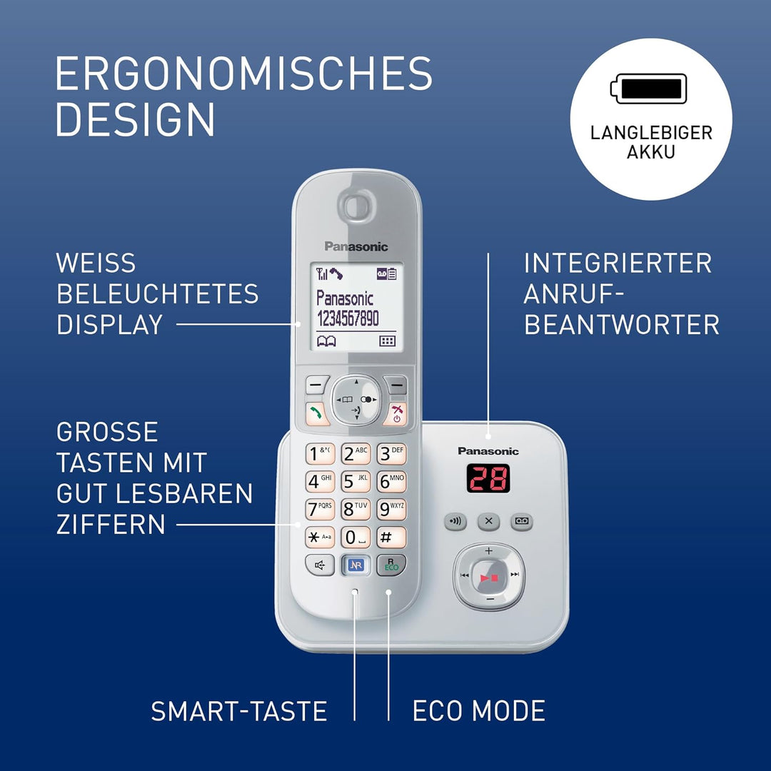 Panasonic KX-TG6822GS DECT Schnurlostelefon mit Anrufbeantworter (strahlungsarm, Eco-Modus, GAP Tele