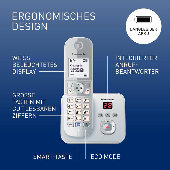 Panasonic KX-TG6822GS DECT Schnurlostelefon mit Anrufbeantworter (strahlungsarm, Eco-Modus, GAP Tele