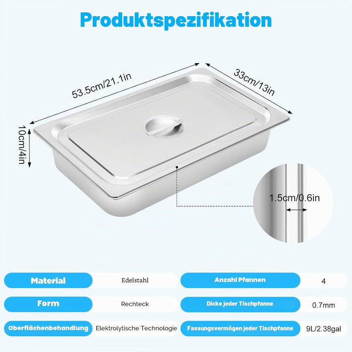 4 Stück Deep Gastronormbehälter Edelstahl Lebensmittelschalen,Behälter Wärmebehälter Chafing Dish Wä