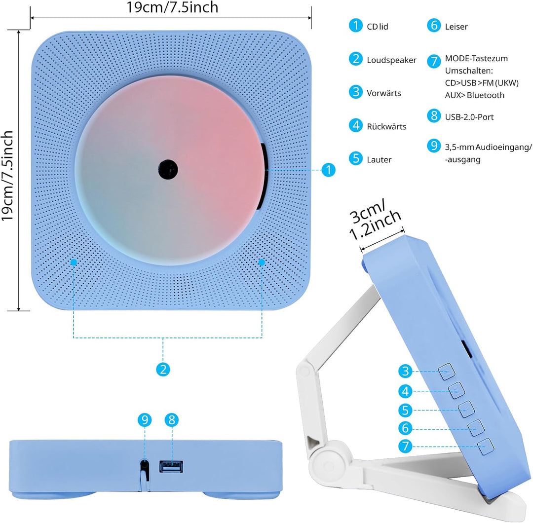 CD Spieler mit Bluetooth Wand und Tischmontage Multifunktional Tragbarer CD Player mit HiFi-Lautspre