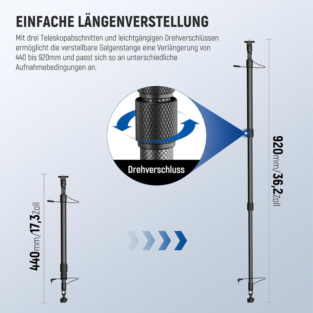 NEEWER Mikrofon Tonangel aus Kohlefaser, 44–92cm ausziehbar Microphone Boompole, Mic Arm mit integri
