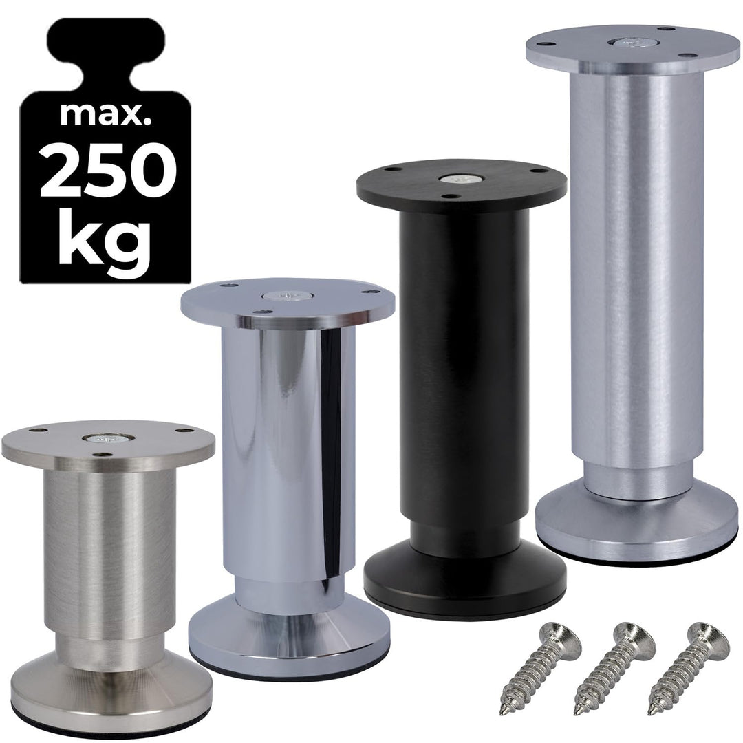 Stahlia Möbelfüsse verstellbar (4er Set) 6cm Höhe Edelstahl Optik Ø 38mm Aluminium Schrankfüsse bela