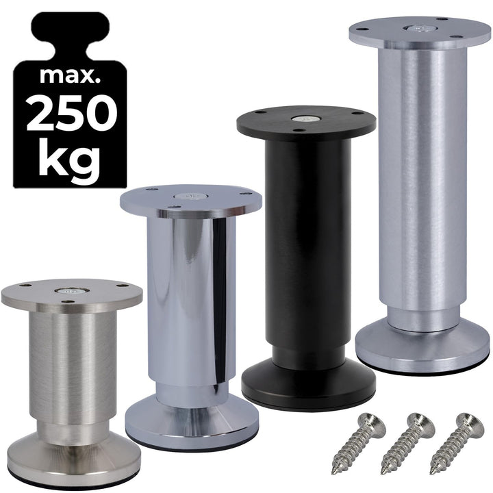 Stahlia Möbelfüsse verstellbar (4er Set) 6cm Höhe Edelstahl Optik Ø 38mm Aluminium Schrankfüsse bela