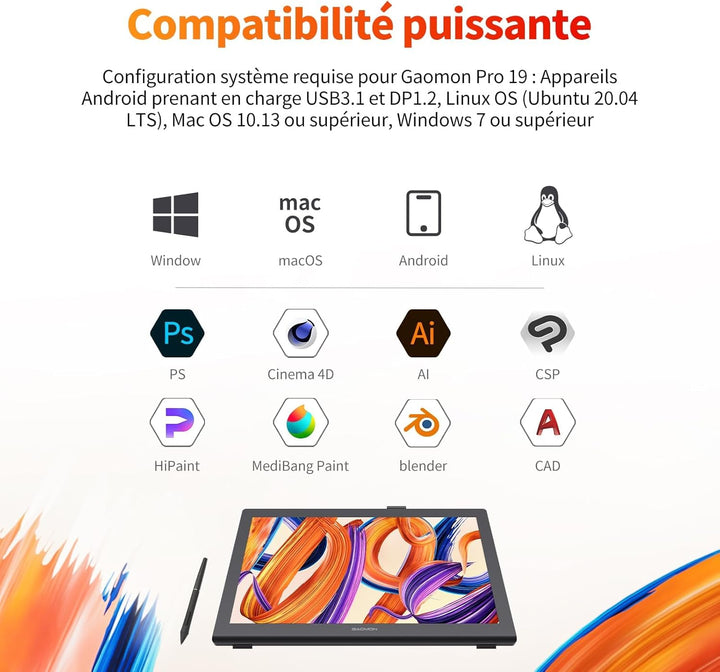 GAOMON Pro 19 Grafiktablett mit Display, G-Pro Stift mit 16384 Druckstufen,18,4 Zoll 4K UHD Immersiv