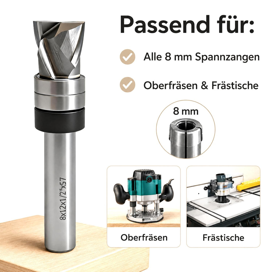 GLRYD Spiralfräser Bündigfräser 8mm Schaft, 12.7mm Schnittlänge, D=12mm, VHM Kompression Spiralnutfr