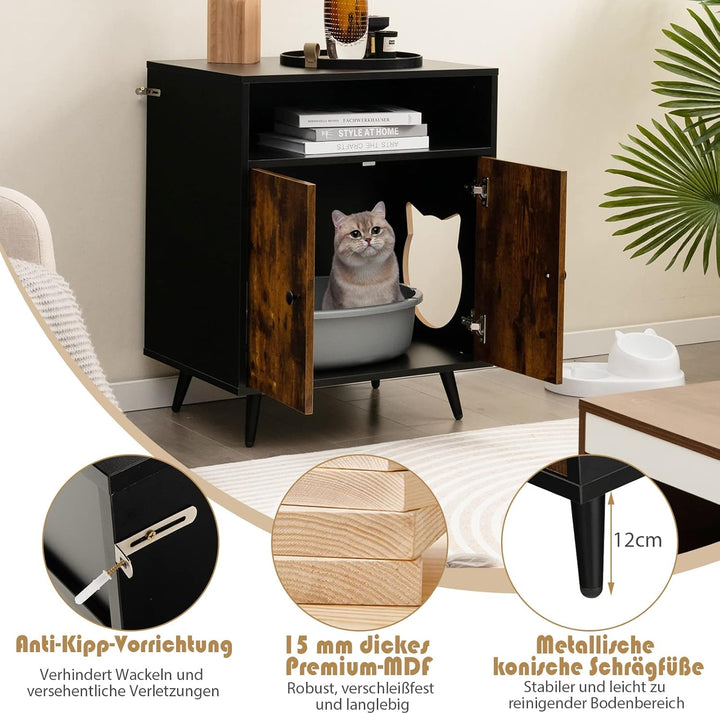 COSTWAY Katzenschrank Katzentoilette, Katzenhaus mit Doppeltüren & Eingang & offenem Regal, Katzenhö