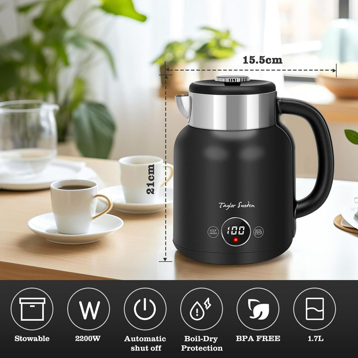 Taylor Swoden Asher - Wasserkocher Edelstahl mit Temperatureinstellung, 2200 W, 1,7 L, LED-Anzeige,