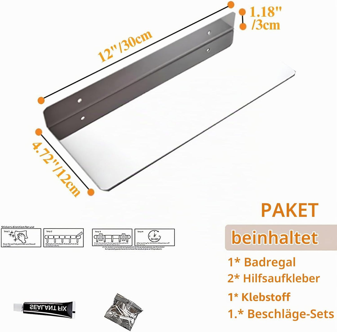 30CM Duschablage Ohne Bohren SUS304 Edelstahl Badablage Chrom Selbstklebende für Badezimmer Schlafzi